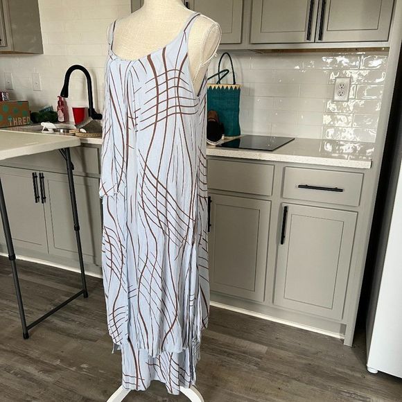 Jacques Ruc Boho Baby Blue Maxi Dress with Brown Print Layered Maxi Size Medium - Picture 3 of 8